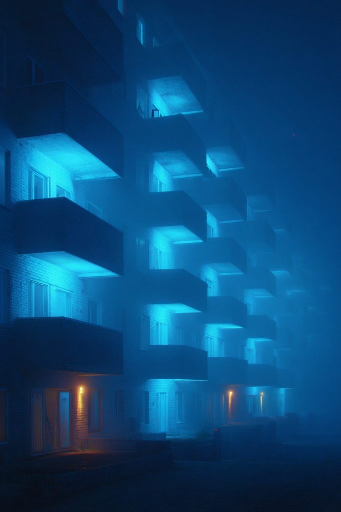 The Apartments of Blue Neon Lights AI Artwork 3