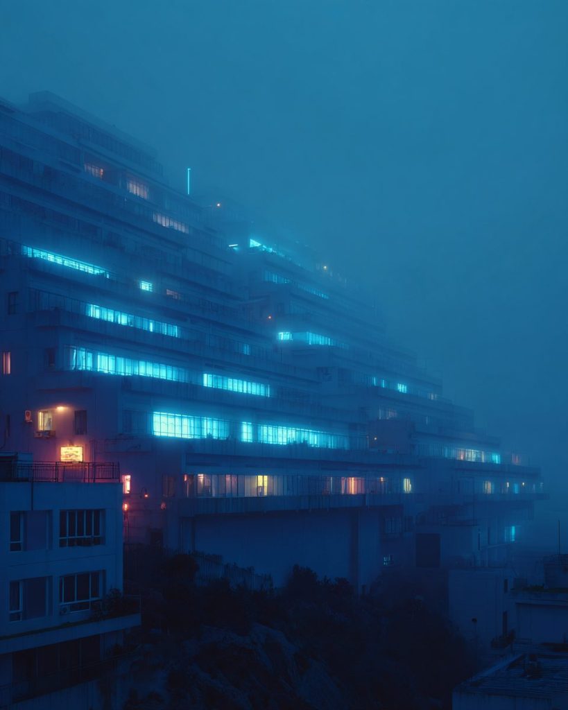The Apartments of Blue Neon Lights AI Artwork 4
