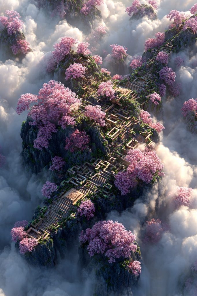 The Mountaintop Paths of Cherry Blossoms AI Artwork 2