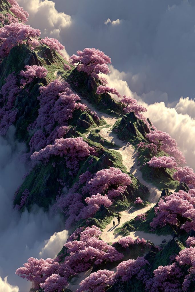 The Mountaintop Paths of Cherry Blossoms AI Artwork 3