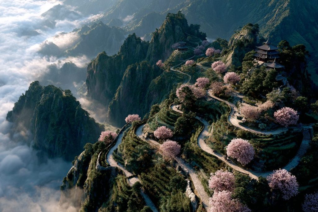 The Mountaintop Paths of Cherry Blossoms AI Artwork 9