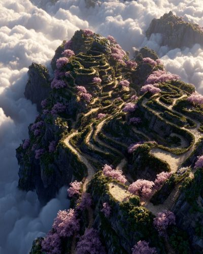 The Mountaintop Paths of Cherry Blossoms AI Artwork