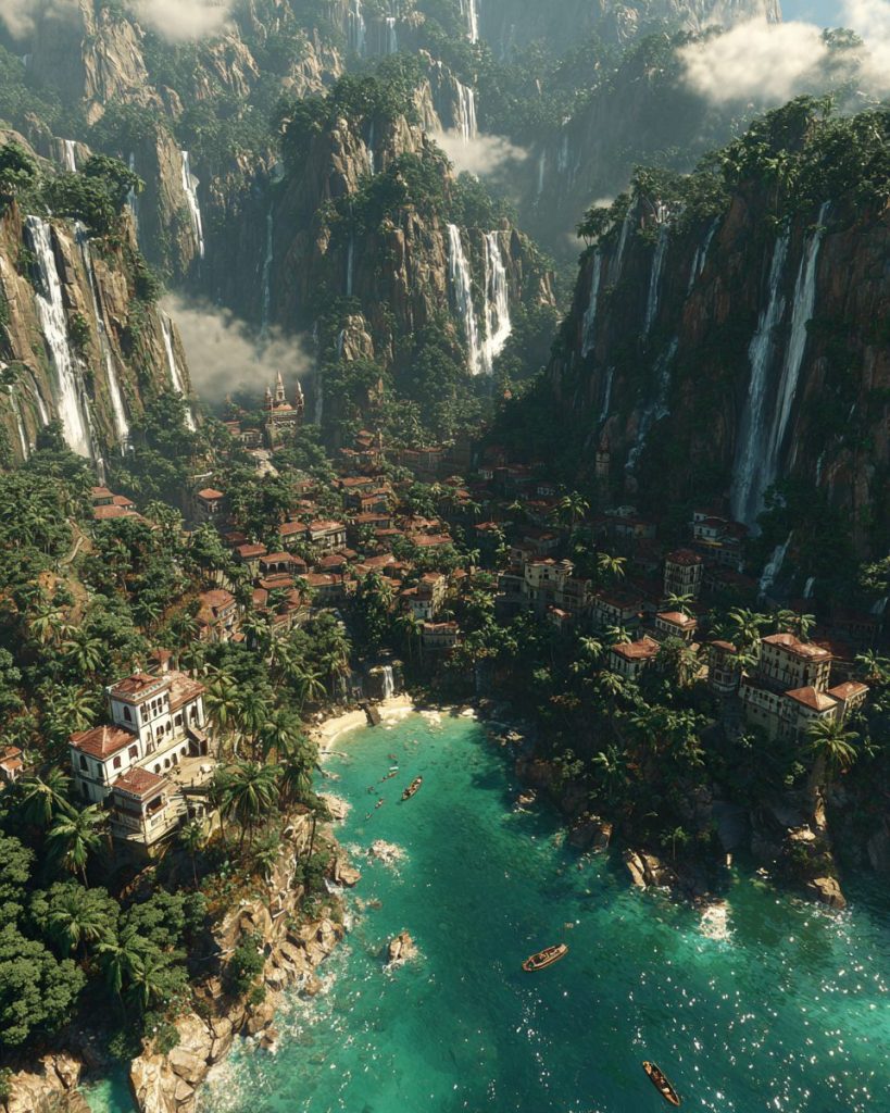 A Small Town of Mountains and Waterfalls AI Artwork 2