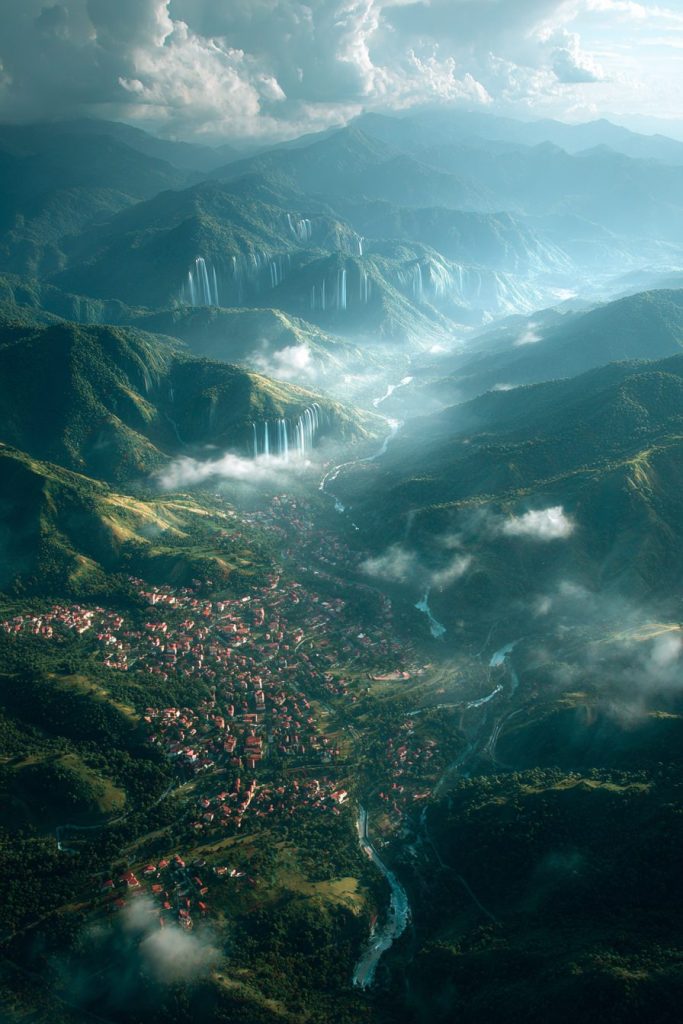 A Small Town of Mountains and Waterfalls AI Artwork 3