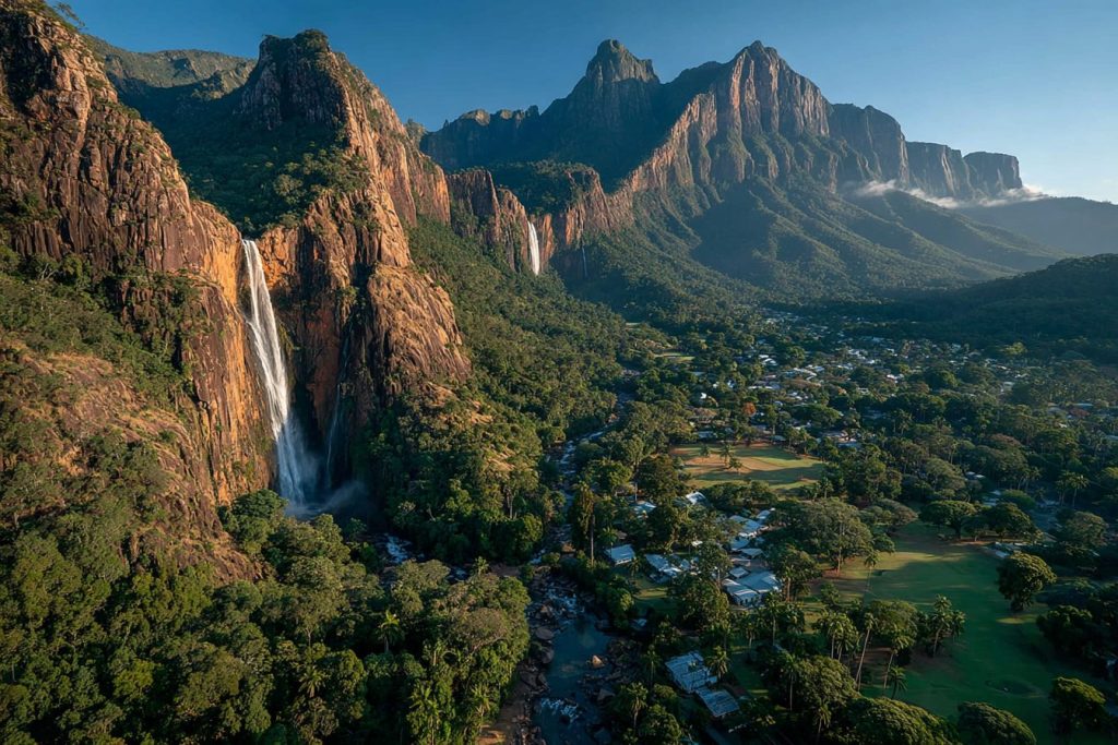 A Small Town of Mountains and Waterfalls AI Artwork 5