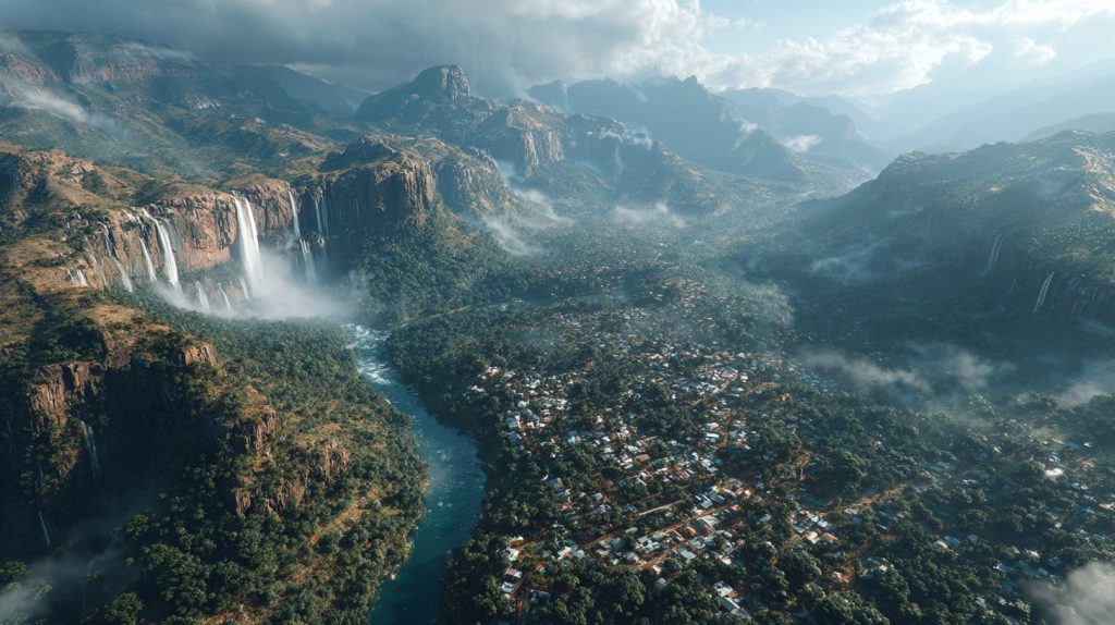 A Small Town of Mountains and Waterfalls AI Artwork 7
