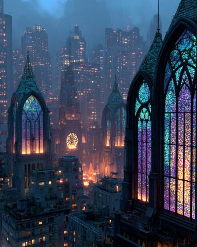 Colorful Stained Glass Buildings of the City AI Artwork